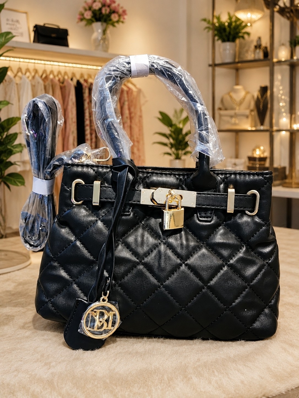 Badgley Mischka Quilted Top-Handle Satchel Bag in Black